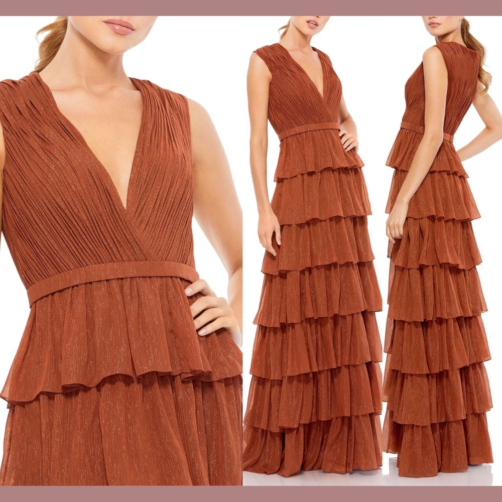 Ieena for Mac Duggal Rust Metallic Tiered V-Neck Gown 49287 Size 2 Formal Dress